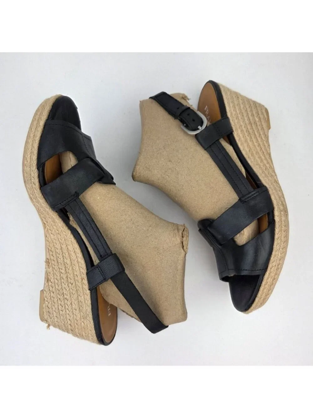 Franco Sarto Black Leather Wedge Espadrille Sandals Size 8.5